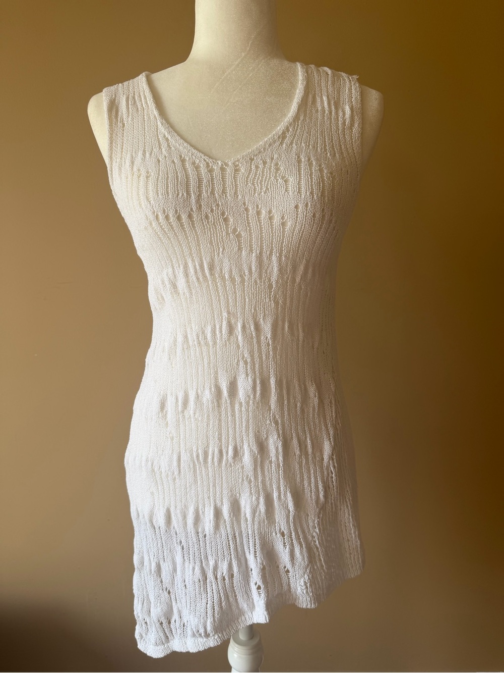 Retro-Ology Cream Open Knit Asymmetric Sleeveless Tunic Top